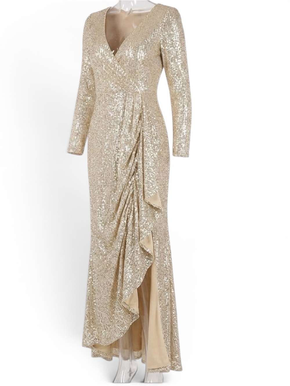 NWT Leena for MacDuggal Gold Sequin V-Neck Long Sleeve Gown SZ:6 Gala Wedding